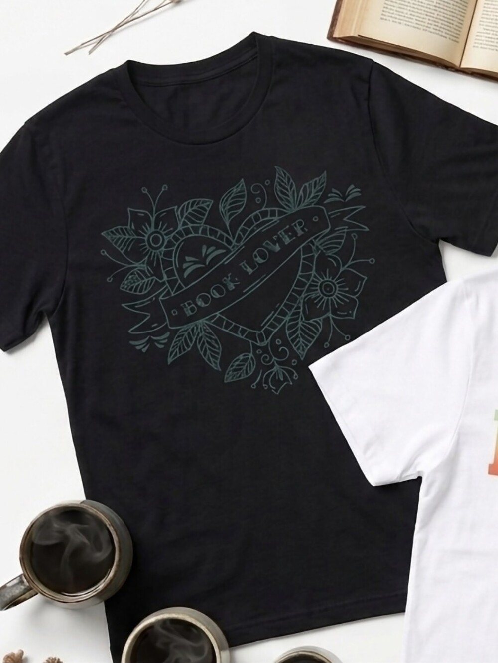 NWOT Black Short Sleeve Tee with Teal Graphic - "Book Lover" Book Themed Gifts